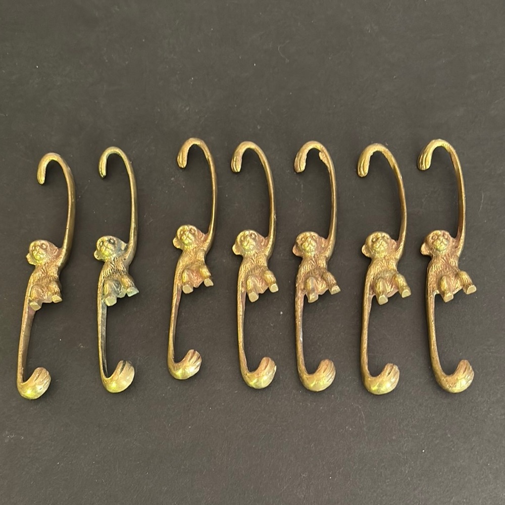 Vintage Solid BRASS MONKEYS Hanger Hook 5 in Chinoiserie Decor